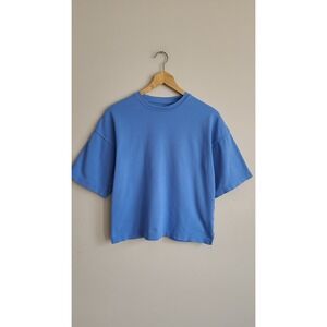 C&A Blue 100% Cotton Boxy T-Shirt Womens Small Dropped Shoulder Crew Neck Tee